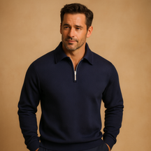 Men’s polo sweater with quarter zip and geometric print, soft fabric, and comfortable fit. Perfect for casual wear, work, or autumn and winter outfits.