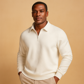 Men’s polo sweater with quarter zip and geometric print, soft fabric, and comfortable fit. Perfect for casual wear, work, or autumn and winter outfits.