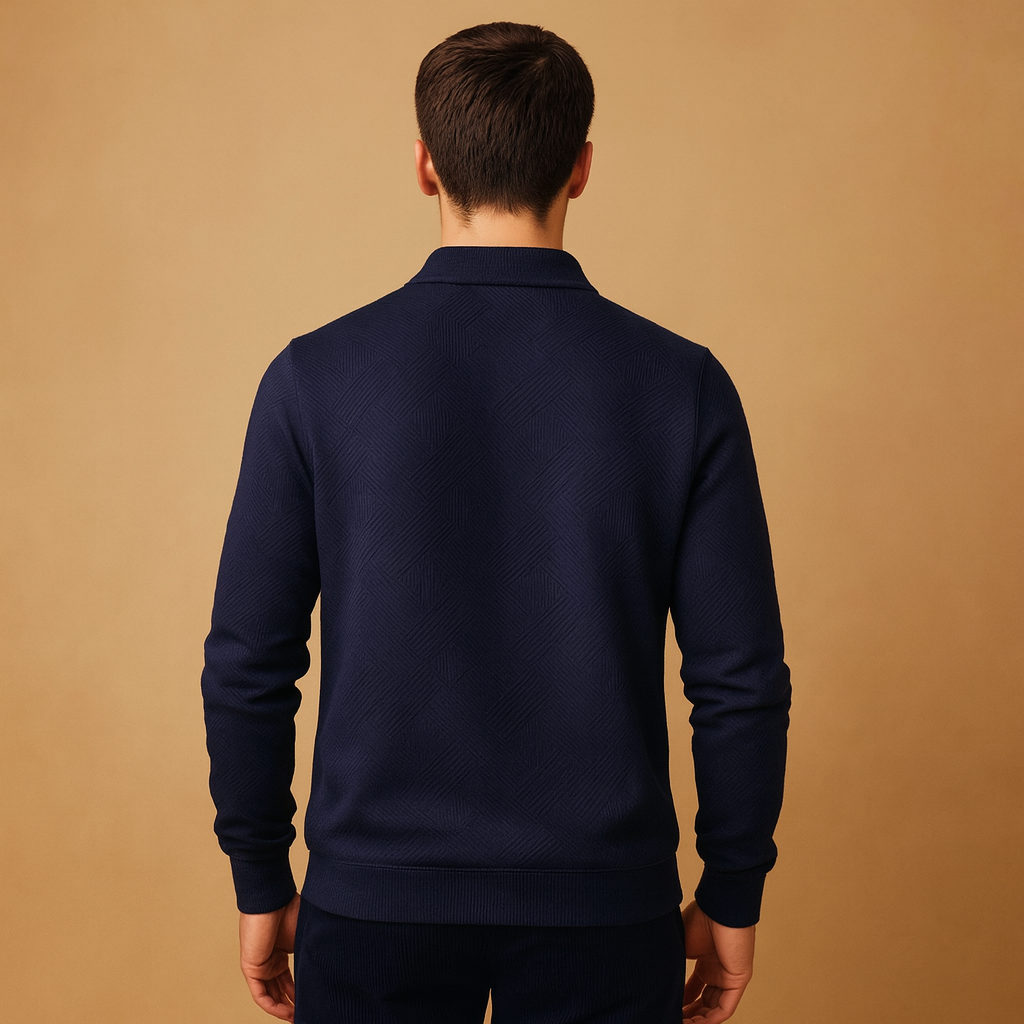 Men’s polo sweater with quarter zip and geometric print, soft fabric, and comfortable fit. Perfect for casual wear, work, or autumn and winter outfits.