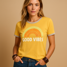 Good Vibes summer T-shirt for women in vibrant colors, perfect for relaxed days at the beach, in town, or at home.