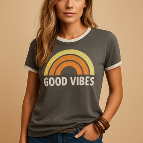 Good Vibes summer T-shirt for women in vibrant colors, perfect for relaxed days at the beach, in town, or at home.