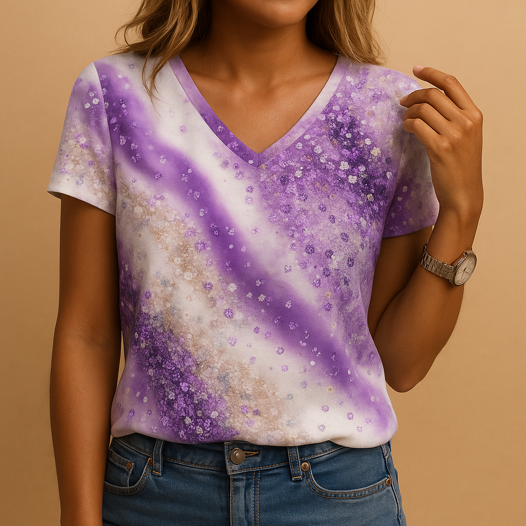 Gradient v-neck summer blouse with short sleeves for women, featuring a relaxed fit and breathable fabric—ideal for casual sunny days.