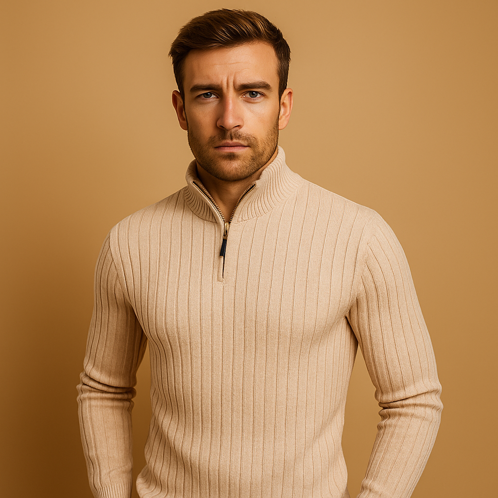 Marcus is a half-zip sweater for men with ribbed sleeves and a modern design. Perfect for casual or smart-casual looks. Order now in 5 colors!