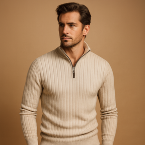 Marcus is a half-zip sweater for men with ribbed sleeves and a modern design. Perfect for casual or smart-casual looks. Order now in 5 colors!