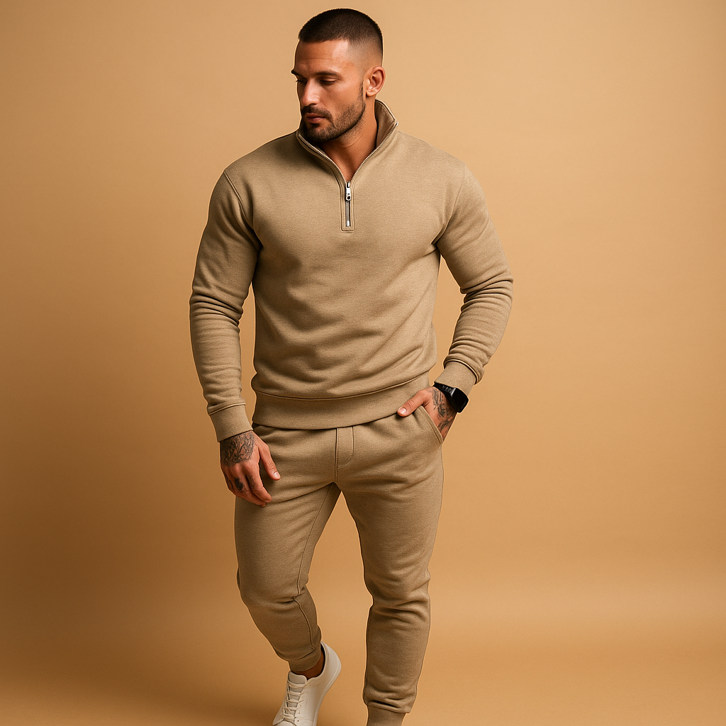 Men’s tracksuit set with half-zip sweatshirt and matching joggers, perfect for lounging, sports, and casual wear in soft comfortable fabric