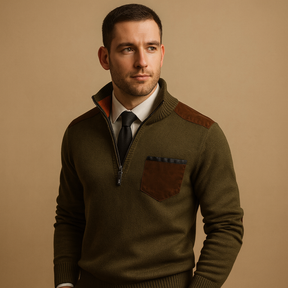 Men’s half zip pullover sweater with adjustable collar and chest pocket, warm and versatile for autumn and winter casual or work outfits.