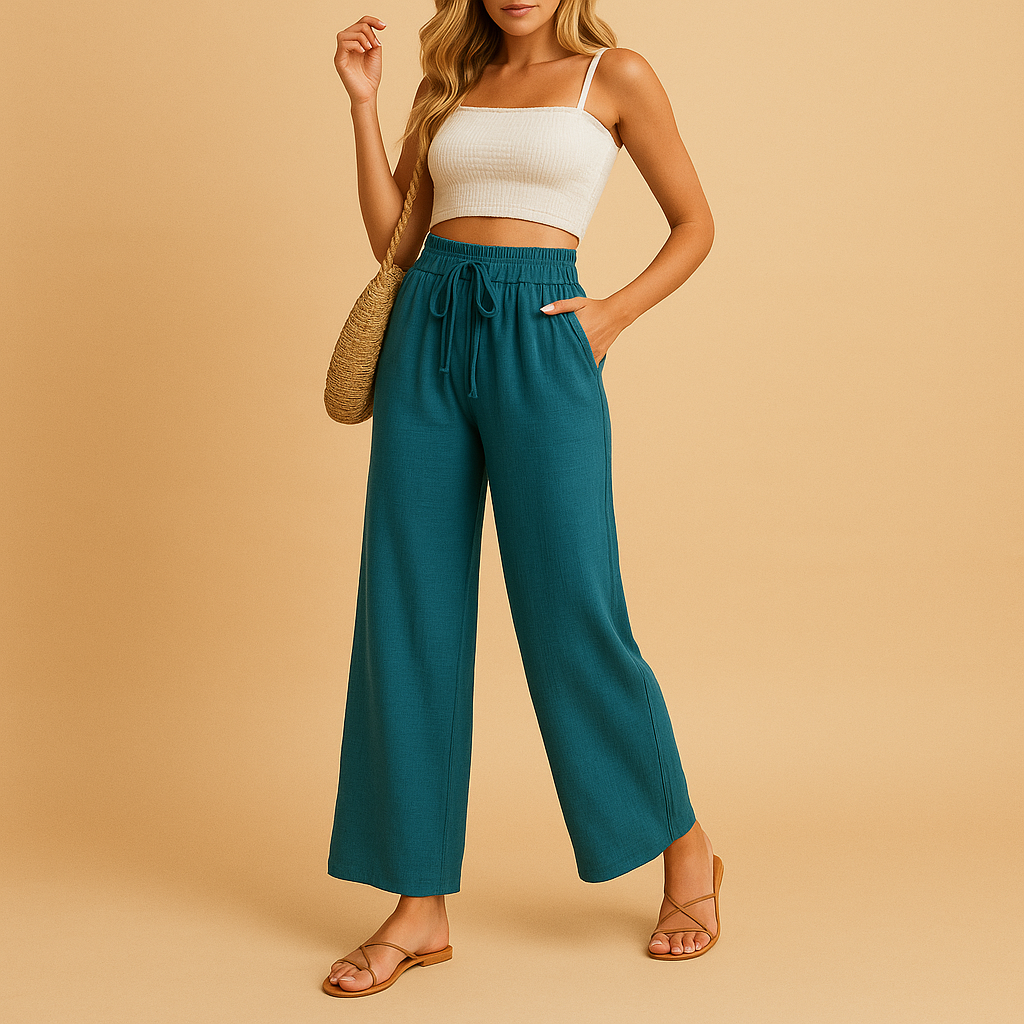 Women’s high-waisted lounge pants with a straight leg, lightweight fabric, and pockets, perfect for casual comfort at home or on the go.