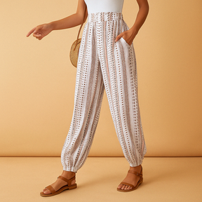 Women’s high-waisted wide leg boho pants with light fabric and relaxed fit, perfect for summer and casual-chic outfits.