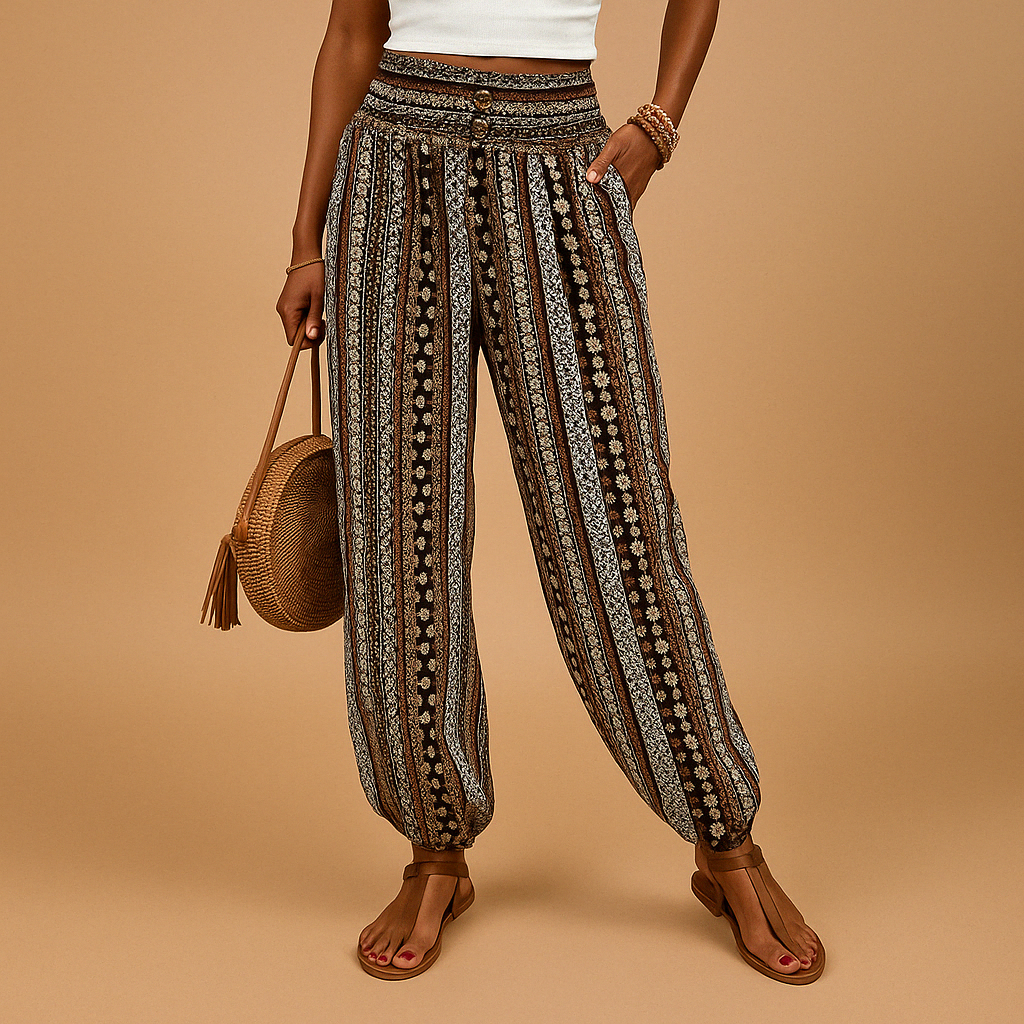 Women’s high-waisted wide leg boho pants with light fabric and relaxed fit, perfect for summer and casual-chic outfits.