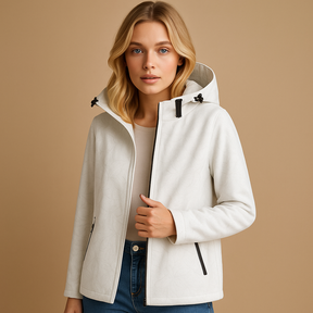 Lightweight hooded windbreaker jacket for women with zip-up front and relaxed fit, ideal for outdoor use and everyday layering.