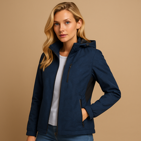 Lightweight hooded windbreaker jacket for women with zip-up front and relaxed fit, ideal for outdoor use and everyday layering.