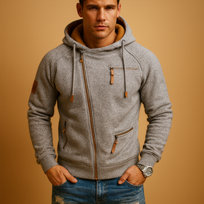 Hooded zip cardigan for men in soft fabric with pockets, perfect for autumn and winter casual or semi-formal outfits.