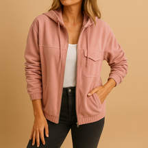 Women’s long-sleeve hooded zip-up jacket with breathable fabric and modern fit, ideal for daily wear and layering.