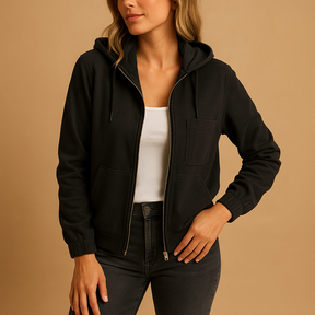 Women’s long-sleeve hooded zip-up jacket with breathable fabric and modern fit, ideal for daily wear and layering.