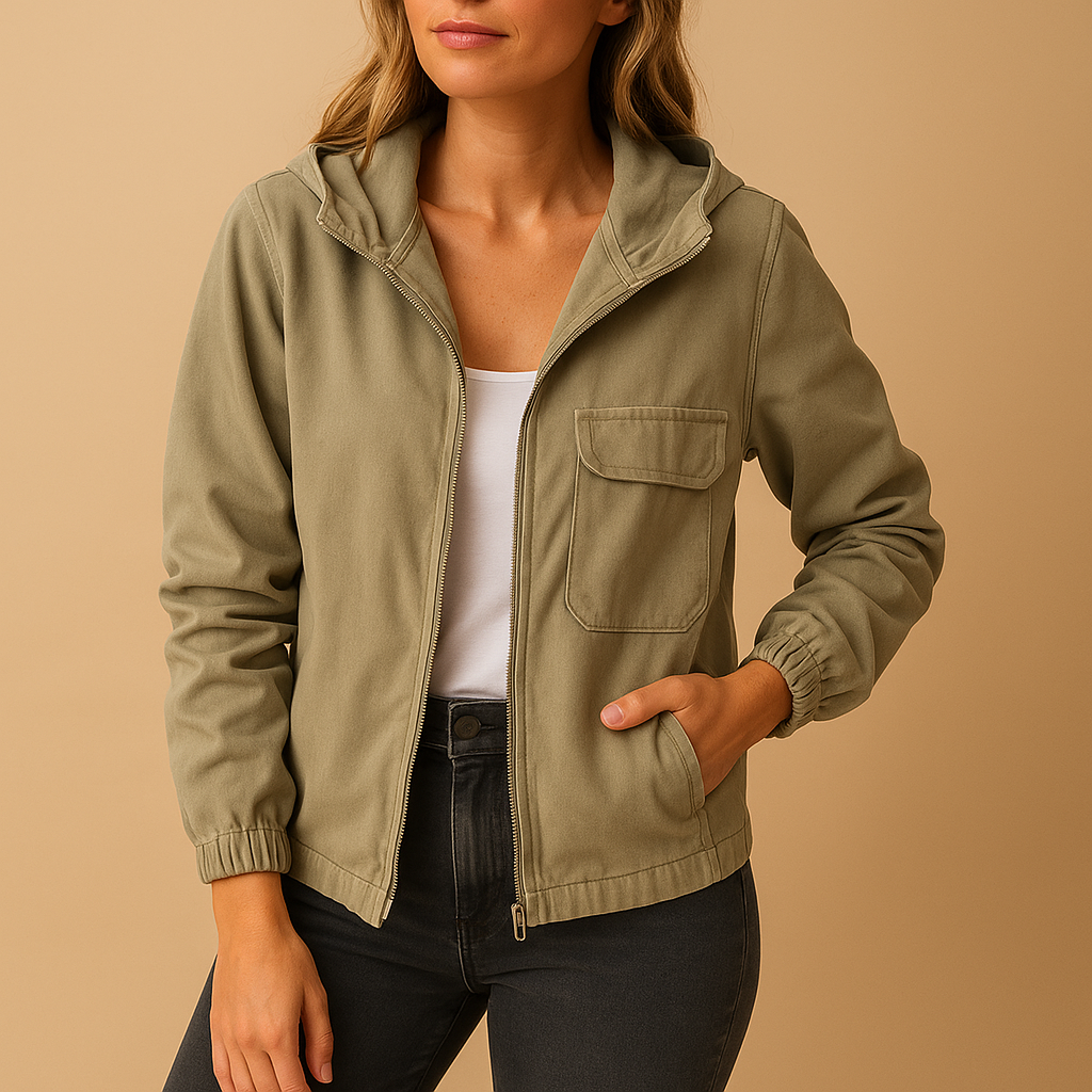 Women’s long-sleeve hooded zip-up jacket with breathable fabric and modern fit, ideal for daily wear and layering.