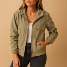 Women’s long-sleeve hooded zip-up jacket with breathable fabric and modern fit, ideal for daily wear and layering.