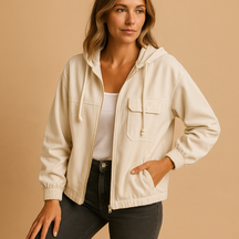 Women’s long-sleeve hooded zip-up jacket with breathable fabric and modern fit, ideal for daily wear and layering.