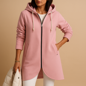 Women’s hooded zip-up sweatshirt jacket with relaxed fit, front pockets, and cozy hood for layering and casual wear.