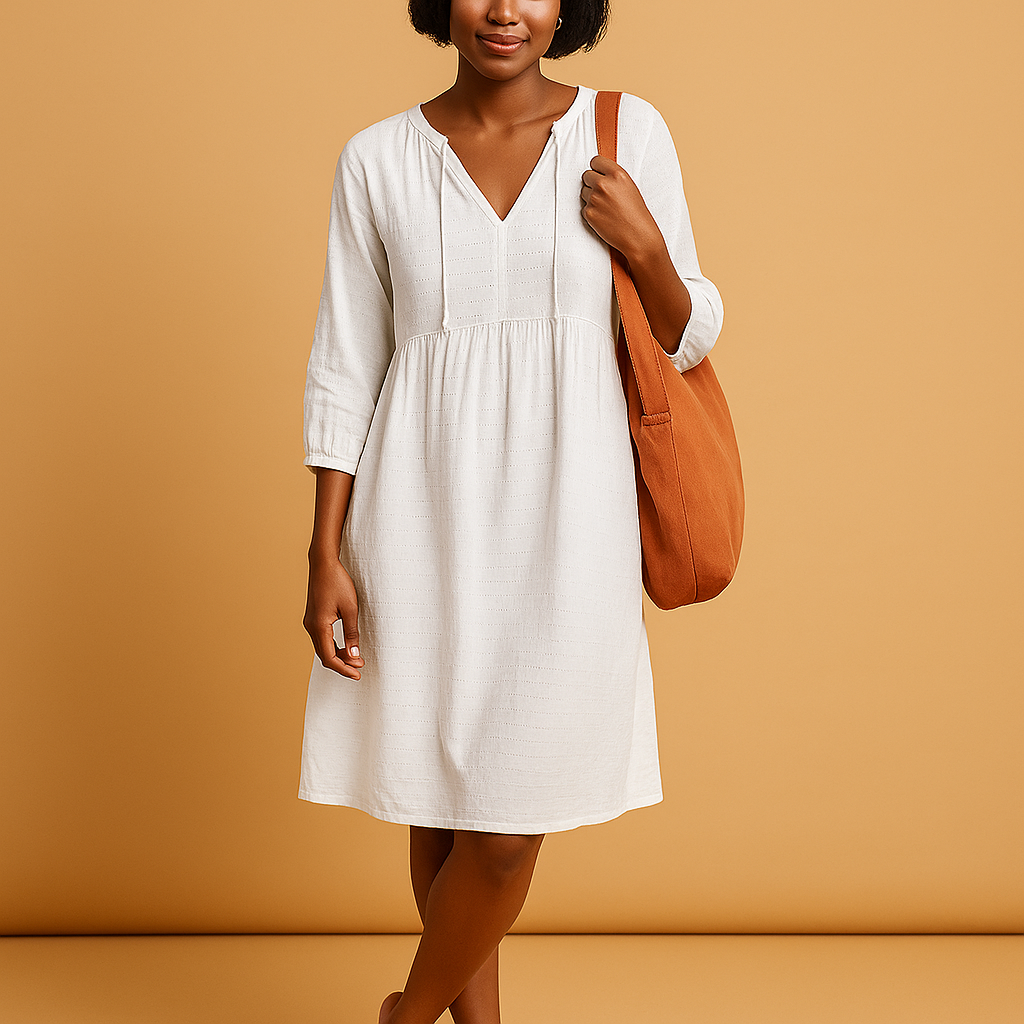 Knee-length summer midi dress for women with short sleeves, flattering fit, and breathable fabric in white, green, and light blue for any occasion.