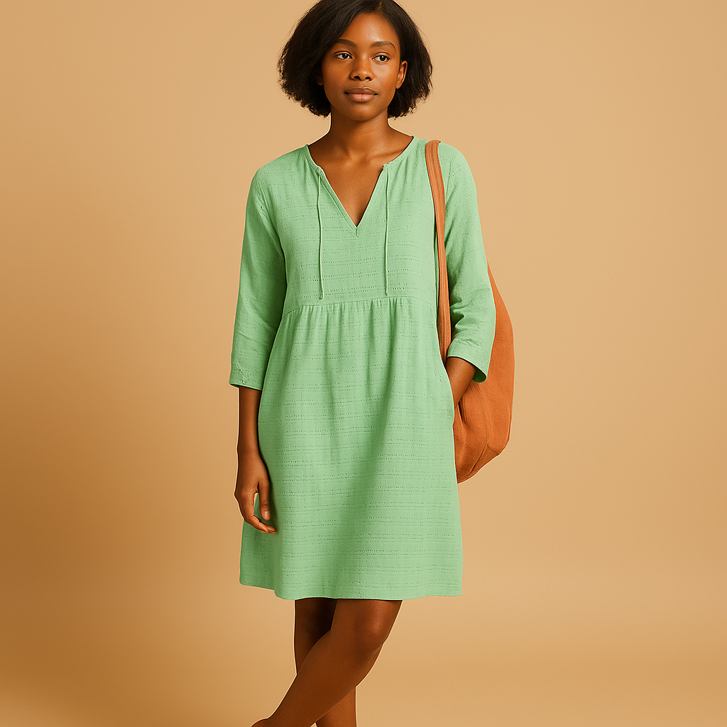Knee-length summer midi dress for women with short sleeves, flattering fit, and breathable fabric in white, green, and light blue for any occasion.