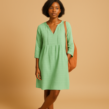 Knee-length summer midi dress for women with short sleeves, flattering fit, and breathable fabric in white, green, and light blue for any occasion.