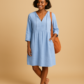 Knee-length summer midi dress for women with short sleeves, flattering fit, and breathable fabric in white, green, and light blue for any occasion.