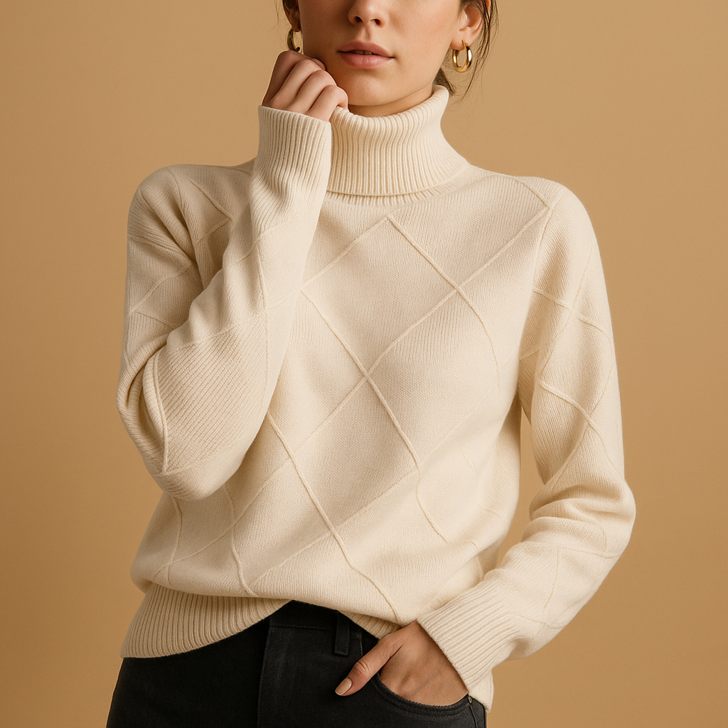Women’s knitted turtleneck sweater in elegant design, ideal for everyday use and sustainably made for comfort and long-lasting style.