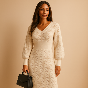 Knitted V-neck dress for women with long sleeves made from soft breathable cotton, ideal for spring, summer, work, and casual wear.