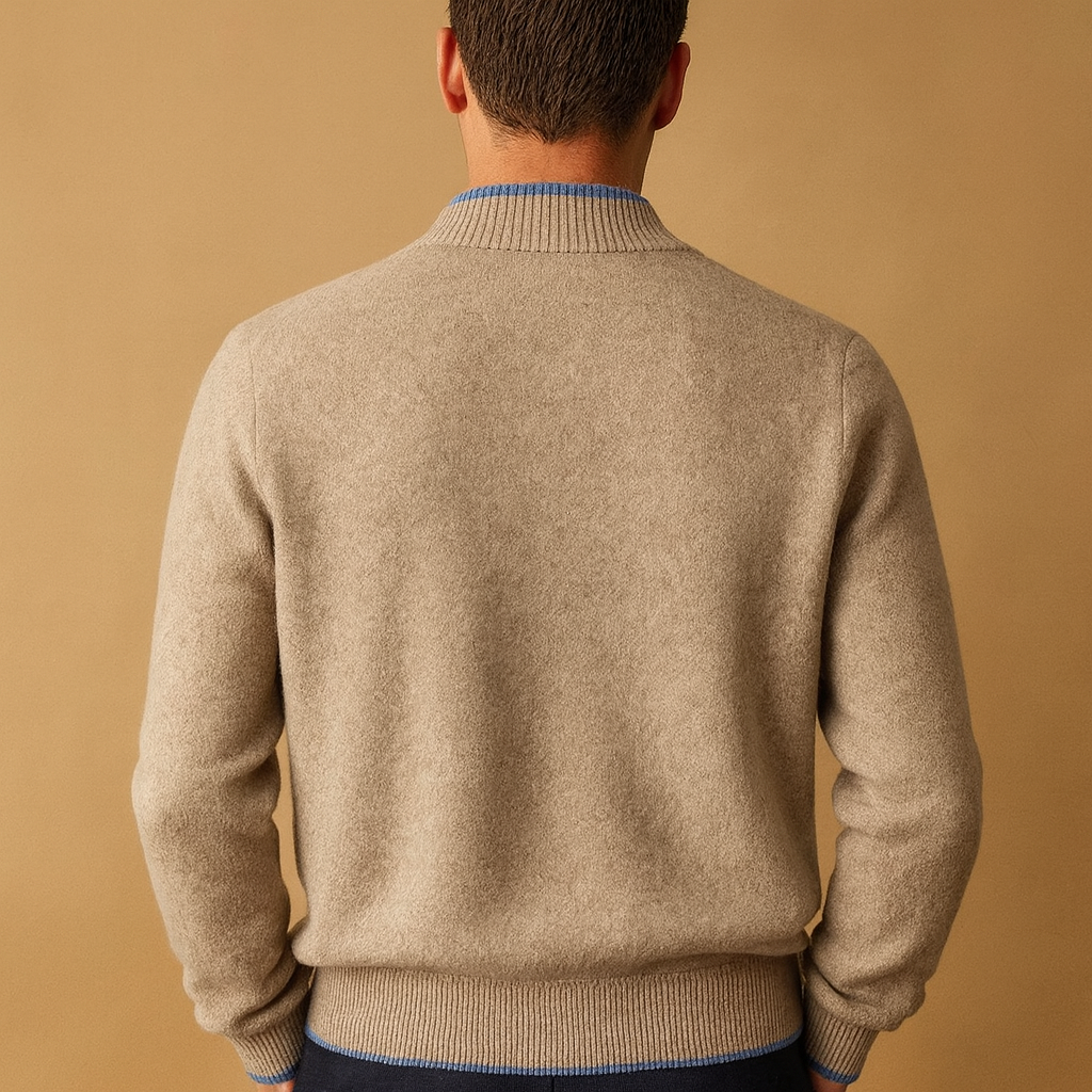 Men’s knitted zip cardigan with collar, soft fabric, and comfortable fit in khaki, grey, and navy. Perfect for autumn and winter casual or business wear.