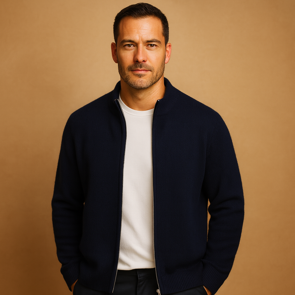 Men’s knitted zip cardigan with collar, soft fabric, and comfortable fit in khaki, grey, and navy. Perfect for autumn and winter casual or business wear.