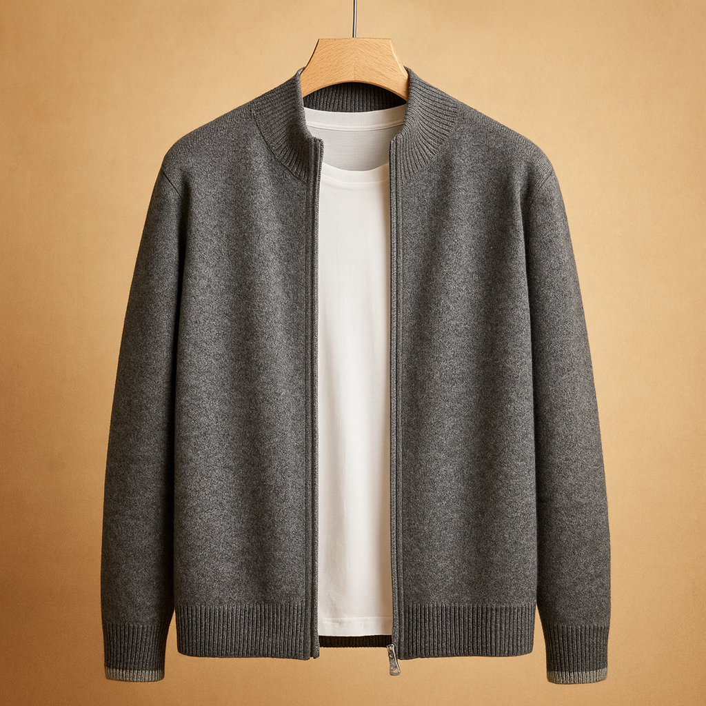 Men’s knitted zip cardigan with collar, soft fabric, and comfortable fit in khaki, grey, and navy. Perfect for autumn and winter casual or business wear.