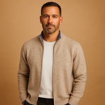 Men’s knitted zip cardigan with collar, soft fabric, and comfortable fit in khaki, grey, and navy. Perfect for autumn and winter casual or business wear.