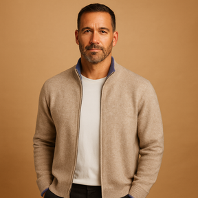 Men’s knitted zip cardigan with collar, soft fabric, and comfortable fit in khaki, grey, and navy. Perfect for autumn and winter casual or business wear.