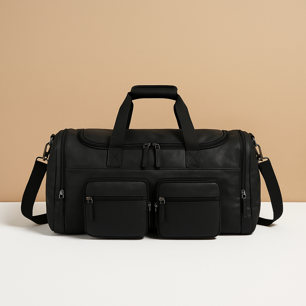 Men’s leather duffle bag with compartments, water-resistant finish, padded strap, and sleek design for travel and work.