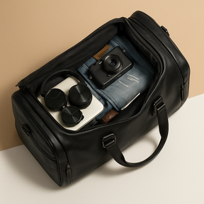 Men’s leather duffle bag with compartments, water-resistant finish, padded strap, and sleek design for travel and work.