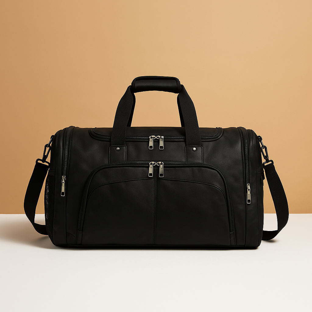 Men’s leather travel duffle bag with separate shoe compartment, multiple zip pockets, and TSA-compliant size for stylish and organised travel.