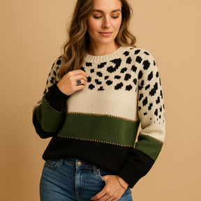 Women’s cotton sweater with a trendy leopard print, perfect for casual everyday wear in spring, fall, or winter.