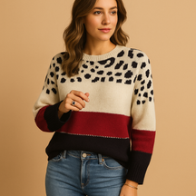 Women’s cotton sweater with a trendy leopard print, perfect for casual everyday wear in spring, fall, or winter.