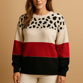 Women’s cotton sweater with a trendy leopard print, perfect for casual everyday wear in spring, fall, or winter.