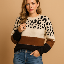Women’s cotton sweater with a trendy leopard print, perfect for casual everyday wear in spring, fall, or winter.