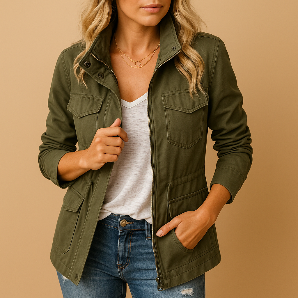 Modern lightweight women’s jacket with zipper and slim fit, perfect for casual wear and layering year-round.