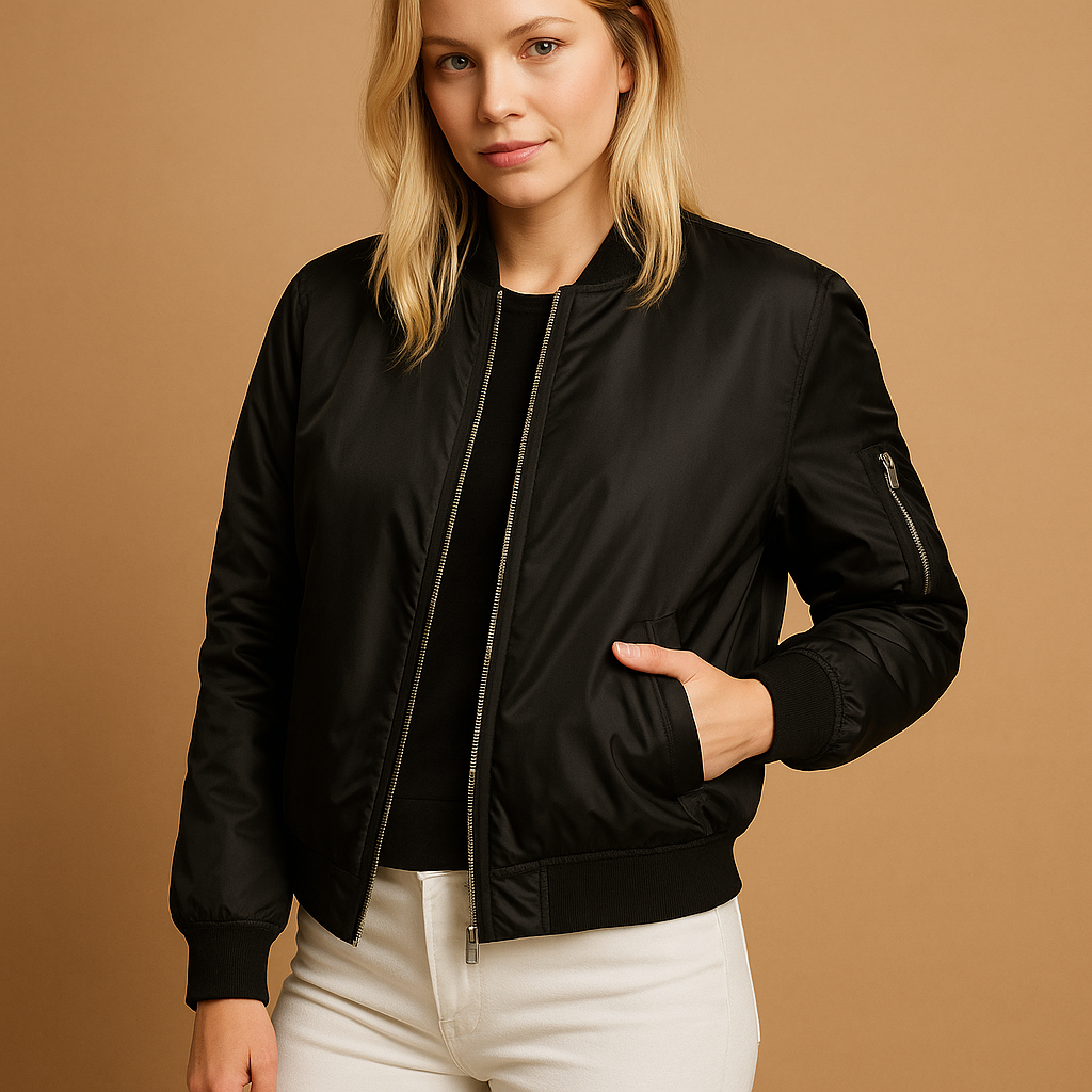 Women's lightweight bomber jacket in black, green, and red, ideal for casual summer days and stylish layering