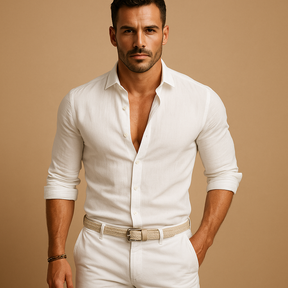 Men’s lightweight button-down shirt with classic collar and cuffs, ideal for summer days, work outfits, and casual occasions.
