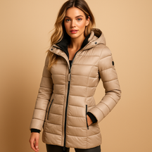 Women’s lightweight puffer jacket with organic down, ideal for autumn days and eco-friendly everyday wear.