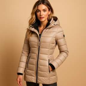 Women’s lightweight puffer jacket with organic down, ideal for autumn days and eco-friendly everyday wear.