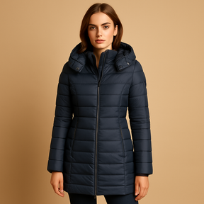 Women’s lightweight puffer jacket with organic down, ideal for autumn days and eco-friendly everyday wear.