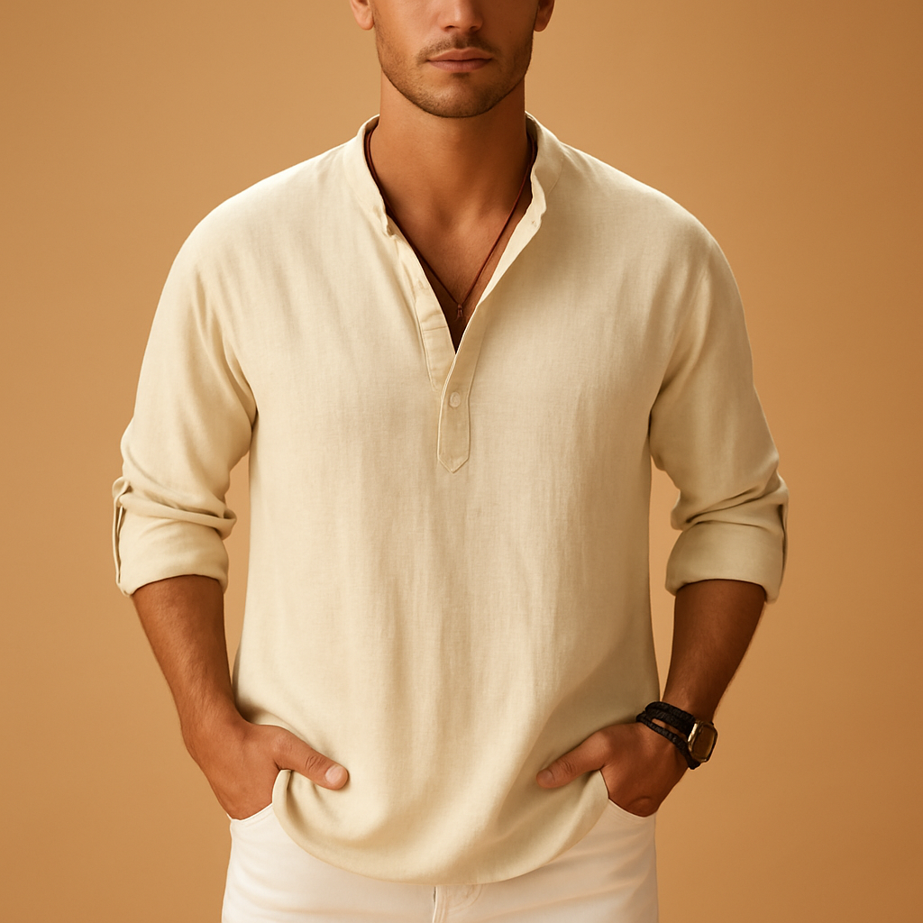 Lightweight long sleeve V-neck shirt for men, available in multiple colors, ideal for summer, work, and casual outings.