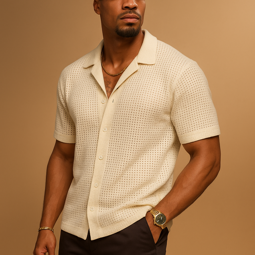 Men’s lightweight short sleeve summer shirt with breathable fabric and classic button-up design in beige, perfect for beach days and vacations.