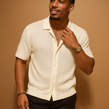 Men’s lightweight short sleeve summer shirt with breathable fabric and classic button-up design in beige, perfect for beach days and vacations.