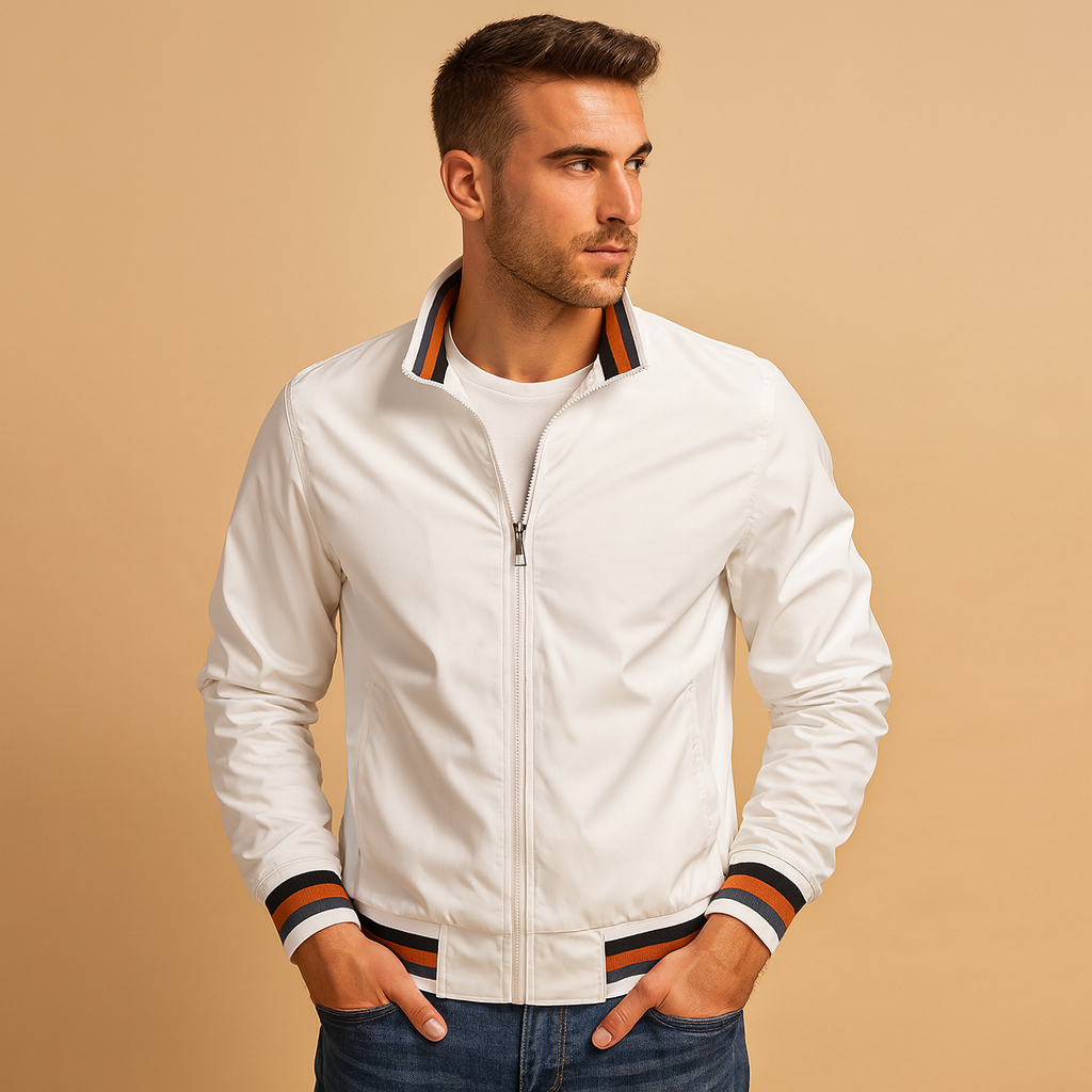 Men’s lightweight summer jacket with breathable fabric, timeless design, and front zipper, perfect for casual and formal outfits during warm days.